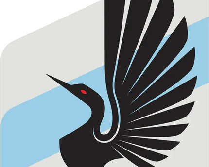 Logo stilizzato di uccello nero con occhio rosso su sfondo geometrico a strisce grigio chiaro e blu della minnesota united fc
