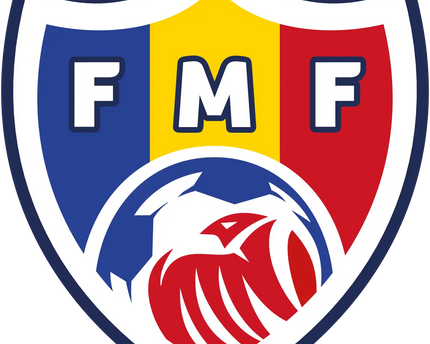 L’emblema della moldavia con scudo tricolore blu giallo rosso lettere bianche f m f e testa d’aquila stilizzata rossa e bianca