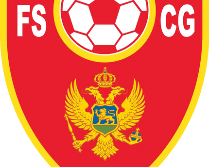 Emblema a scudo rosso e giallo con pallone da calcio bianco in alto, lettere fs e cg e aquila bicipite dorata montagemegro