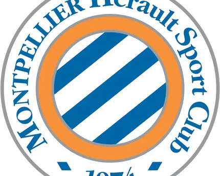 Emblema circolare del montpellier hérault sport club con strisce diagonali blu e bianche dentro un anello arancione