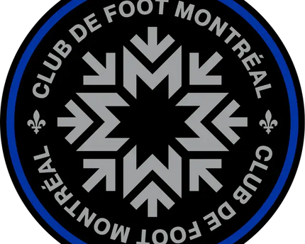 Logo ufficiale del club de foot montréal con design stilizzato di fiocco di neve argento con accenti blu e nero