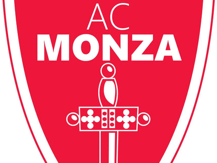 Emblema shield rosso con testo bianco ac monza e spada stilizzata sormontata da corona con motivi di giglio.