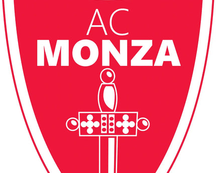 Emblema shield rosso con testo bianco ac monza e spada stilizzata sormontata da corona con motivi di giglio.