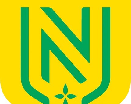 Il crest del fc nantes con una n stilizzata verde su scudo giallo e un piccolo fiordaliso verde alla base