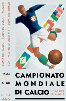 Poster vintage stile con giocatore di calcio italiano in maglia blu navy con stemma nazionale, pantaloncini bianchi, calzettoni verdi