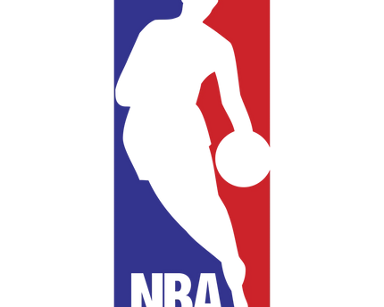 Il logo ufficiale nba con silhouette nera di un giocatore che palleggia su sfondo blu e rosso diviso con lettere nba.