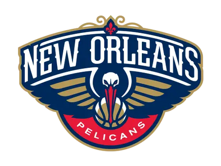 Il logo dei new orleans pelicans presenta un pellicano stilizzato con ali aperte in blu navy e oro su uno sfondo rosso