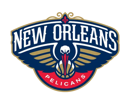 Il logo dei new orleans pelicans presenta un pellicano stilizzato con ali aperte in blu navy e oro su uno sfondo rosso