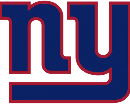 Il logo iconico dei New York Giants con lettering audace blu e rosso e contorno nero distintivo.