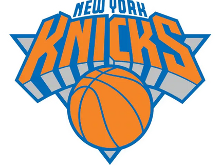 Il logo new york knicks con scritte in arancione e blu e un pallone stilizzato al centro nella collezione new york knicks