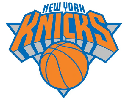 Il logo new york knicks con scritte in arancione e blu e un pallone stilizzato al centro nella collezione new york knicks