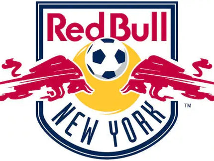 Logo della squadra di calcio red bull new york con pallone bianco e nero tra due tori rossi su sfondo giallo a raggi
