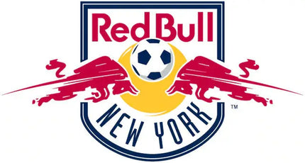 Logo della squadra di calcio red bull new york con pallone bianco e nero tra due tori rossi su sfondo giallo a raggi