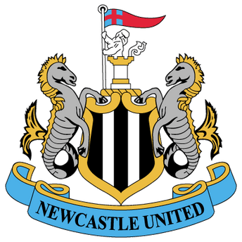 Lo stemma del newcastle united presenta uno scudo a strisce verticali nere e bianche con due ippocampi grigi e bandiera rossa e blu.