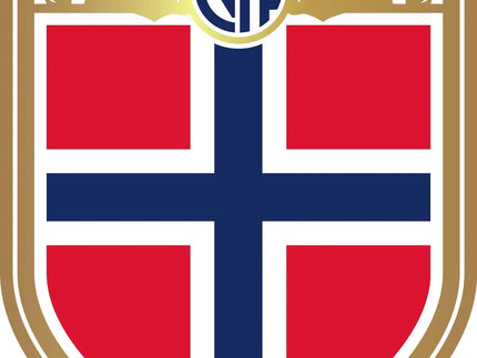 Il logo ufficiale della federazione calcio norvegese con scudo, croce nordica rossa e blu su sfondo bianco.