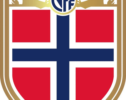 Il logo ufficiale della federazione calcio norvegese con scudo, croce nordica rossa e blu su sfondo bianco.
