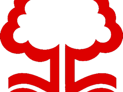 Cresta del nottingham forest football club rossa con albero stilizzato, due stelle sopra e linee ondulate su sfondo nero.