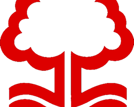Cresta del nottingham forest football club rossa con albero stilizzato, due stelle sopra e linee ondulate su sfondo nero.