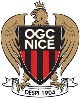 L’emblema ogc nizza con aquila dorata e scudo a strisce verticali nere e rosse con scritta bianca su sfondo nero.