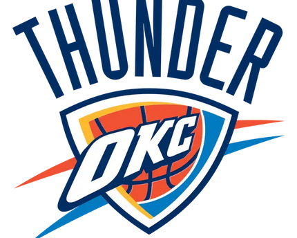 Logo oklahoma city thunder con scudo, basket arancione e fulmini blu in collezione oklahoma city thunder.