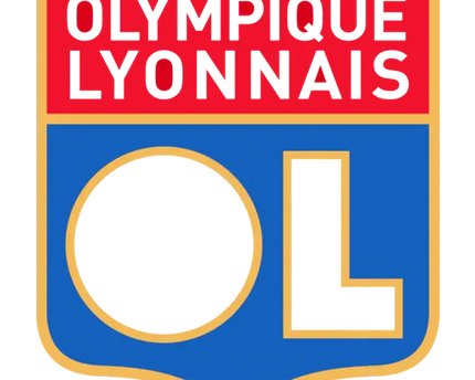 L’emblema di olympique lyonnais con scudo rosso, lettere argento e ol nero su sfondo blu con bordi dorati.