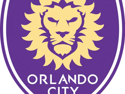 Logo a scudo viola e oro con testa di leone stilizzata e testo orlando city nella collezione orlando city