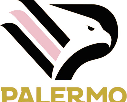 Logo stilizzato aquila nero e rosa con contorno oro e scritta palermo in oro in collezione palermo
