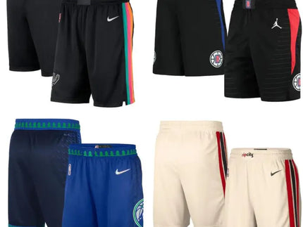 Pantaloncini nba in nero blu navy e crema con loghi squadra marchio nike o jordan e strisce laterali colorate
