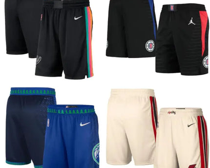 Pantaloncini nba in nero blu navy e crema con loghi squadra marchio nike o jordan e strisce laterali colorate
