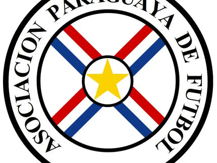 Emblema circolare con la bandiera del paraguay a strisce diagonali rosse e blu e stella gialla centrale per la asociacion paraguaya de futbol