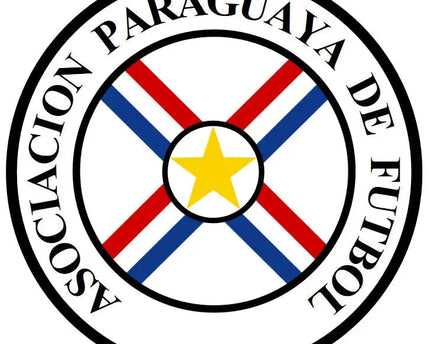 Emblema circolare con la bandiera del paraguay a strisce diagonali rosse e blu e stella gialla centrale per la asociacion paraguaya de futbol