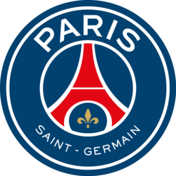 Logo del paris saint-germain con emblema circolare blu torre eiffel stilizzata rossa e bianca e fiordaliso oro