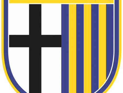 Il crest ufficiale del parma fc con scudo a strisce verticali blu e gialle e croce nera sulla sinistra
