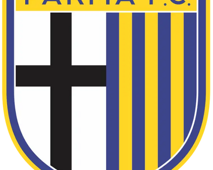 Il crest ufficiale del parma fc con scudo a strisce verticali blu e gialle e croce nera sulla sinistra