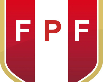 Lem di scudo con strisce rosse e bianche bordate doro e lettere ffp in una collezione chiamata Peru