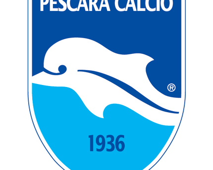 Il crest ufficiale di pescara calcio con un delfino bianco che salta su onde blu e lo stemma del 1936.