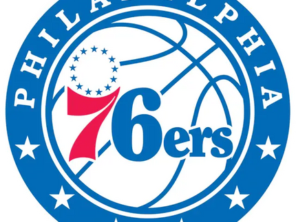 Logo della squadra di basket philadelphia 76ers blu e rosso con pallacanestro stilizzata e stelle