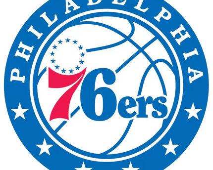 Logo della squadra di basket philadelphia 76ers blu e rosso con pallacanestro stilizzata e stelle