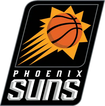 Il logo dei Phoenix Suns mostra una palla da basket arancione stilizzata con un motivo a raggi solari gialli su sfondo nero.