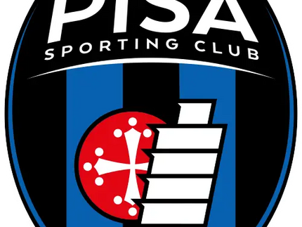 The official crest of Pisa sporting club with bold black and blue vertical stripes and a red emblem with a white cross