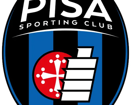 The official crest of Pisa sporting club with bold black and blue vertical stripes and a red emblem with a white cross