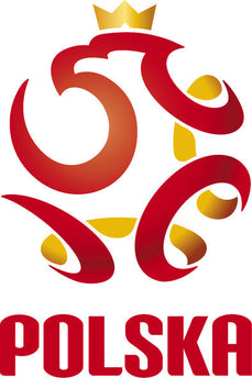 Logo stilizzato rosso e oro con pallone da calcio coronato e scritta polska per la collezione polonia