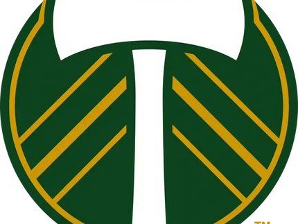 Logo circolare verde e oro dei portland timbers con un’ascia bianca a strisce diagonali
