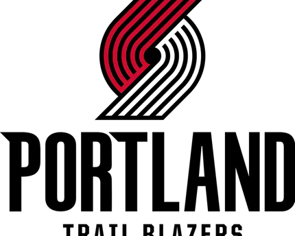 Logo portland trail blazers con strisce curve rosse e bianche su sfondo nero nella collezione portland trail blazers