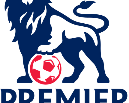 Logo blu con corona di leone e pallone da calcio rosso con marchio premier league nella collezione premier league retro