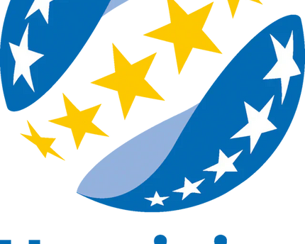 Logo ufficiale della premier league ucraina con pallone da calcio stilizzato blu e bianco e stelle gialle