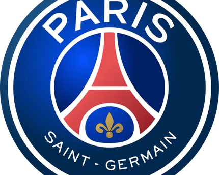 Emblema del paris saint-germain con torre eiffel rossa e blu e fleur-de-lis oro su sfondo blu scuro collection psg