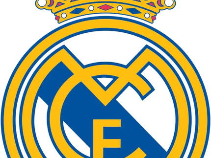 L’emblema ufficiale del real madrid con corona dorata su cerchio blu bianco e scritta gialla in grassetto.