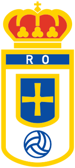 Emblema real oviedo con scudo bianco e croce blu sormontato da corona rossa e oro con lettere ro sopra