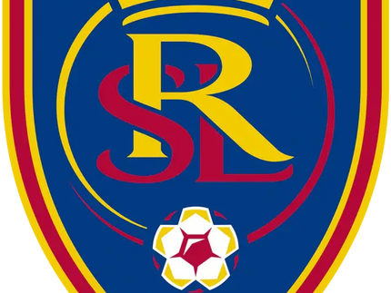 Logo a scudo blu di real salt lake fc con corona oro sopra lettere stilizzate rsl rosse e gialle e pallone da calcio bianco e rosso